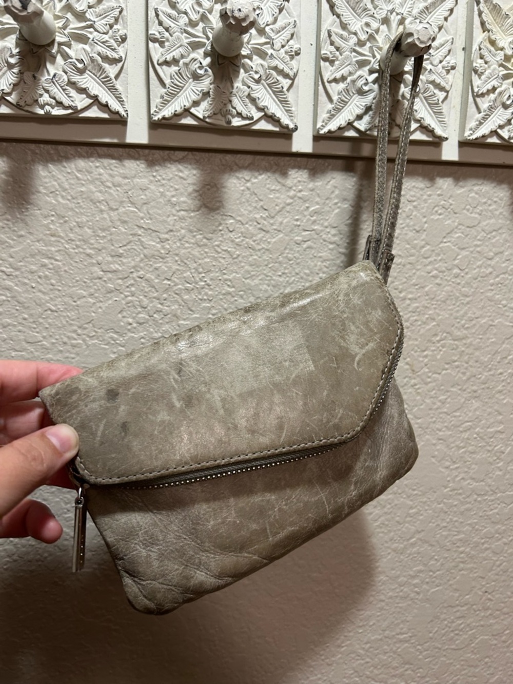 HOBO Neutral Taupe Leather Wristlet Clutch with Zip Front